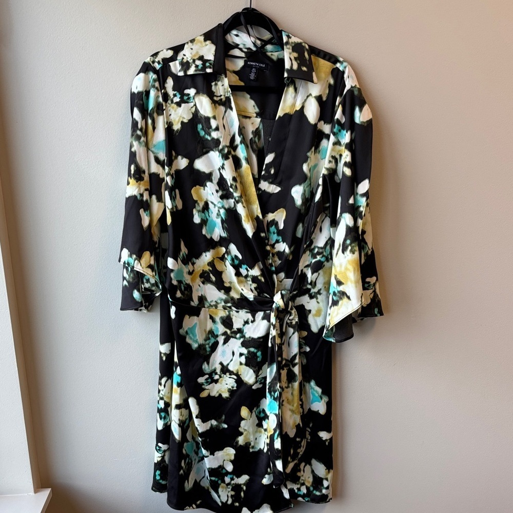 Kenneth Cole Black and Yellow Patterned wrap Dress